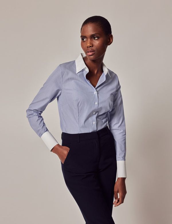 Women's Executive Blue \u0026 White Fine Stripe Fitted Shirt With White Collar  and Cuffs