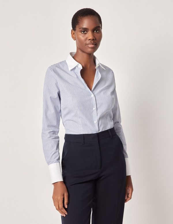 Hawes & Curtis Fitted White & Blue Multi Stripe Shirt | White/Blue | Cotton | Striped | Women's
