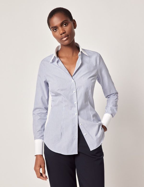 Hawes & Curtis Fitted White & Blue Multi Stripe Shirt | White/Blue | Cotton | Striped | Women's Hawes & Curtis Fitted White & Blue Multi Stripe Shirt | White/Blue | Cotton | Striped | Women's