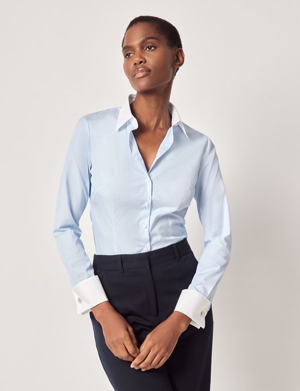 Women's Executive Blue Fitted Shirt White Collar and Cuffs