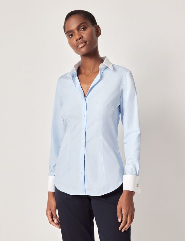Women's Blue Fitted Shirt - White Collar and Cuffs | Hawes & Curtis