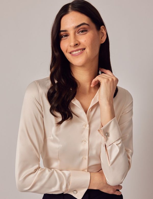Cream Fitted Satin Shirt - Double Cuffs | Hawes And Curtis
