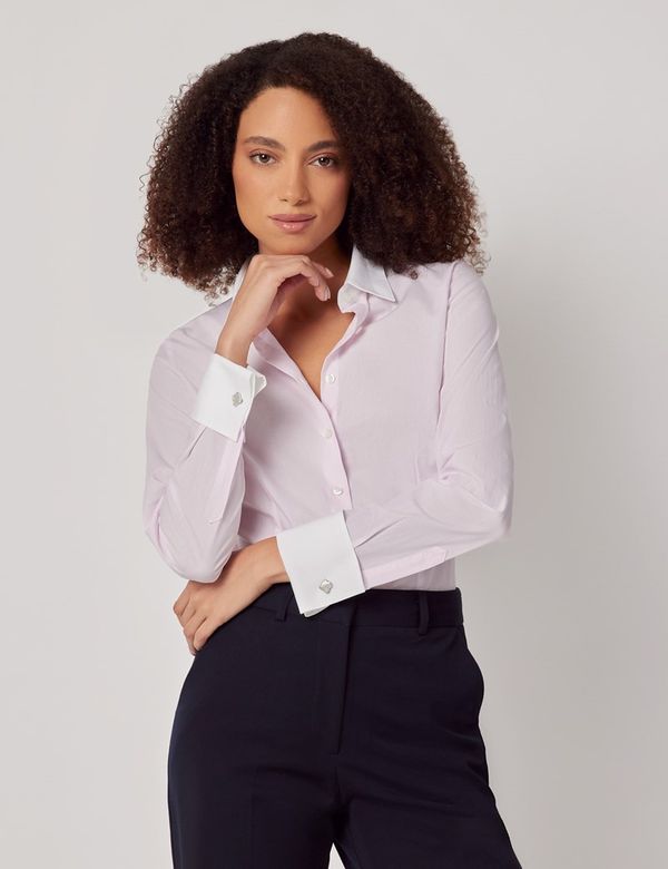 Women's Executive Pink White Fine Stripe Fitted Shirt French
