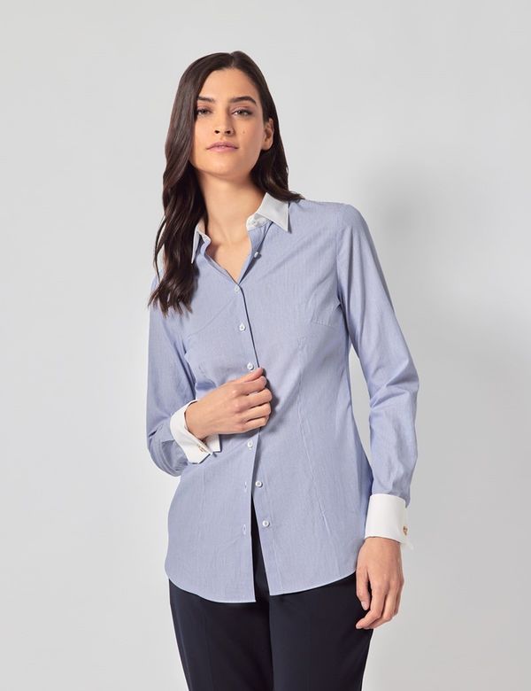Tシャツ・カットソー No.0790 3stripe overfit collar half T (3color) Women's Executive White & Blue Fine Stripe Fitted Shirt