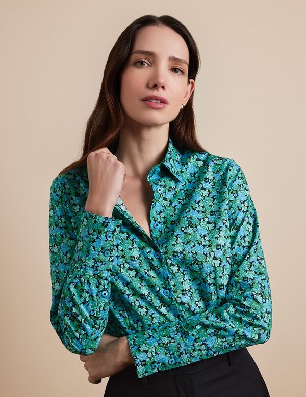 Women's Fitted Black & Green Floral Shirt | Hawes & Curtis