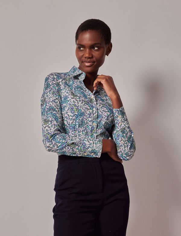 Women's White \u0026 Blue Paisley Fitted Cotton Stretch Shirt | Hawes \u0026 Curtis
