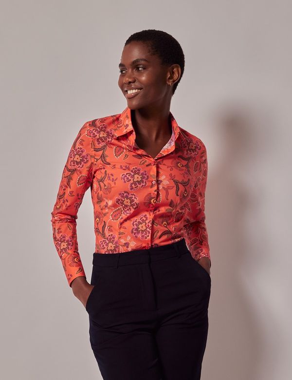 Women's Red & Green Floral Fitted Cotton Stretch Shirt Women's Red & Green Floral Fitted Cotton Stretch Shirt