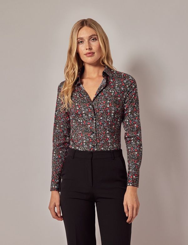 Women's Black & Red Floral Fitted Cotton Stretch Shirt