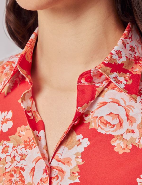 Women's Red & Pink Floral Cotton Stretch Fitted Shirt| Hawes Women's Red & Pink Floral Cotton Stretch Fitted Shirt| Hawes