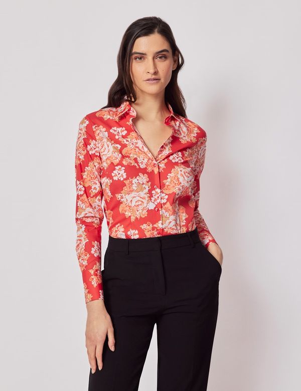 Women's Red & Pink Floral Cotton Stretch Fitted Shirt| Hawes Women's Red & Pink Floral Cotton Stretch Fitted Shirt| Hawes