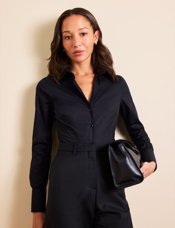 Women's Black Fitted Stretch Shirt - Single Cuff | Hawes & Curtis