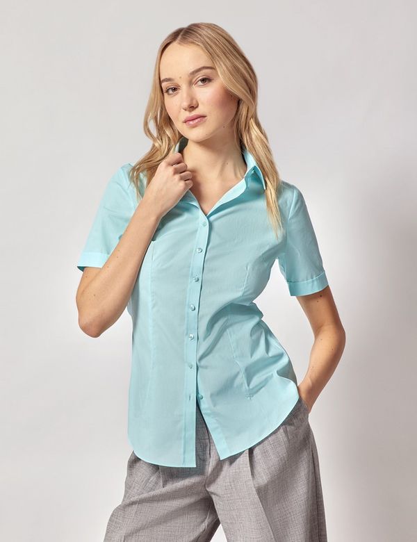 Women's Aqua Blue Cotton Fitted Short Sleeve Shirt Hawes and Curtis