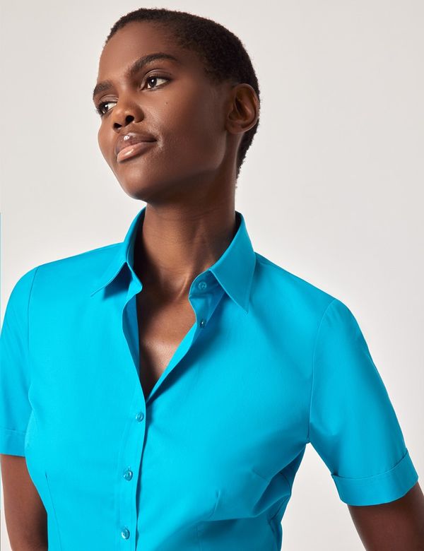Women's Turquoise Fitted Short Sleeve Shirt | Hawes and Curtis