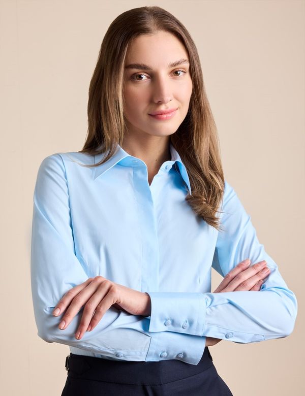 blue women's dress shirt Hawes & Curtis Fitted Ice | Concealed Placket | Cotton Stretch | Plain Sleeve COLOR:Black Calf vera wang Erika Mini Dress ~ and company events.