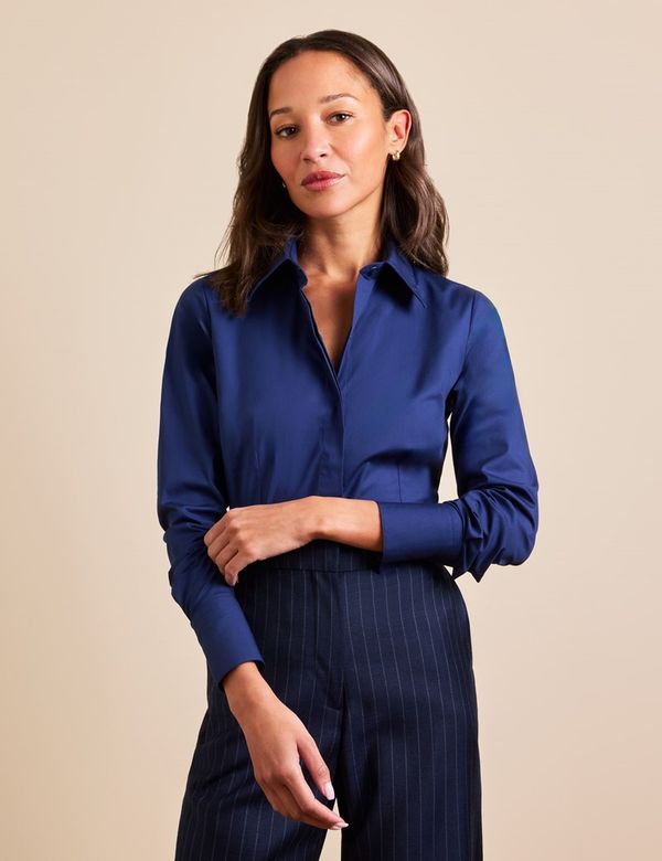 Hawes & Curtis Fitted Navy Shirt | Concealed Placket | Cotton Stretch | Plain | Women's