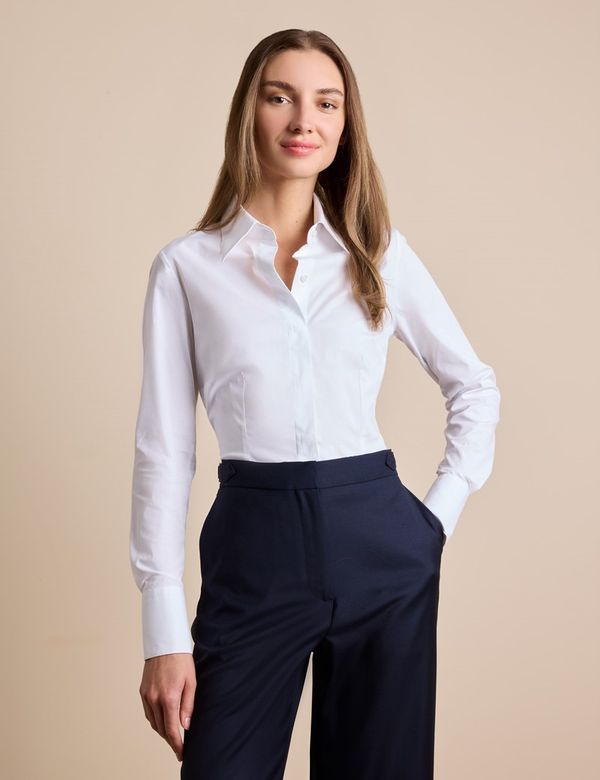 Women's White Fitted Cotton Stretch Shirt With Concealed Placket | Hawes & Curtis Women's White Fitted Cotton Stretch Shirt With Concealed Placket | Hawes & Curtis