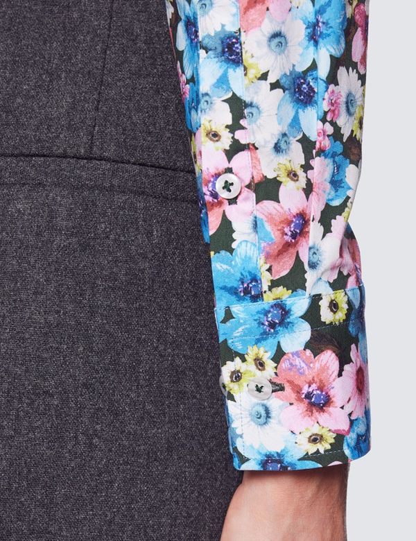 Women's Blue & Pink Multi Floral Print Fitted Shirt with