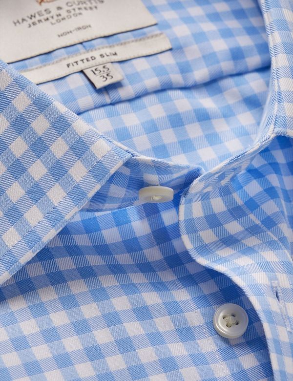 Non-Iron Blue \u0026 White Gingham Check Fitted Slim Shirt