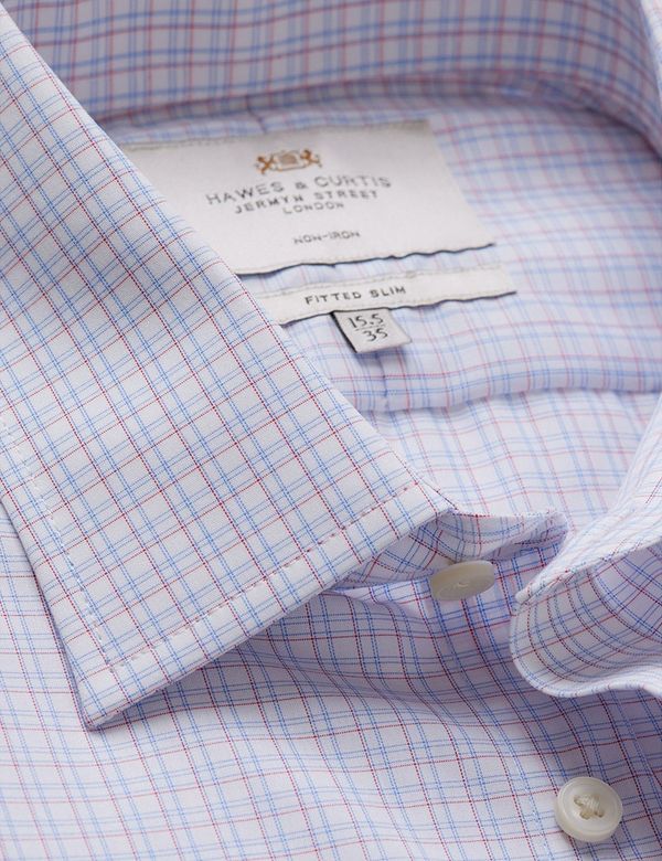 Men's Non-Iron Red & Blue Multi Check Fitted Slim Shirt | Hawes & Curtis