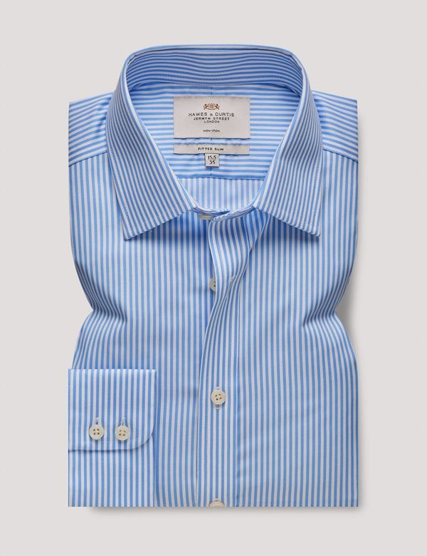 Men's Non-Iron Blue & White Bengal Stripe Fitted Slim Shirt
