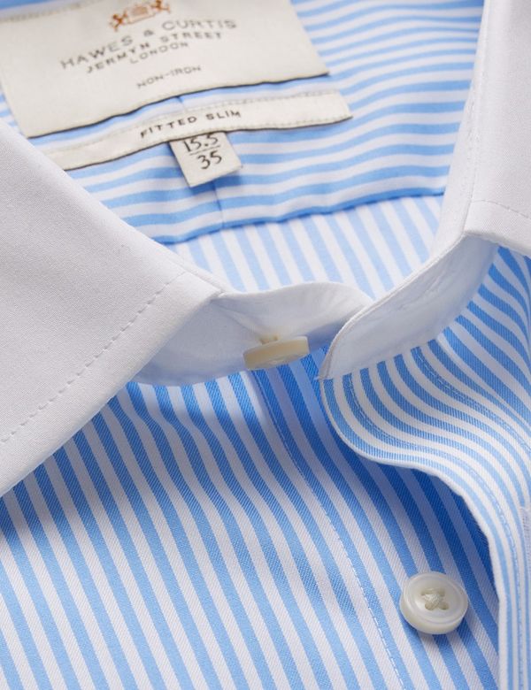 Non-Iron Blue & White Bengal Stripe Fitted Slim Shirt With