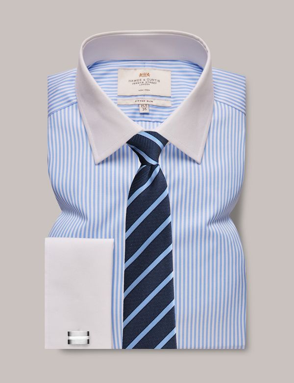 Non-Iron Blue & White Bengal Stripe Fitted Slim Shirt With