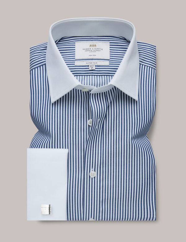 Men's Non-Iron Navy & White Bengal Stripe Fitted Slim Shirt With White  Collar - Double Cuff