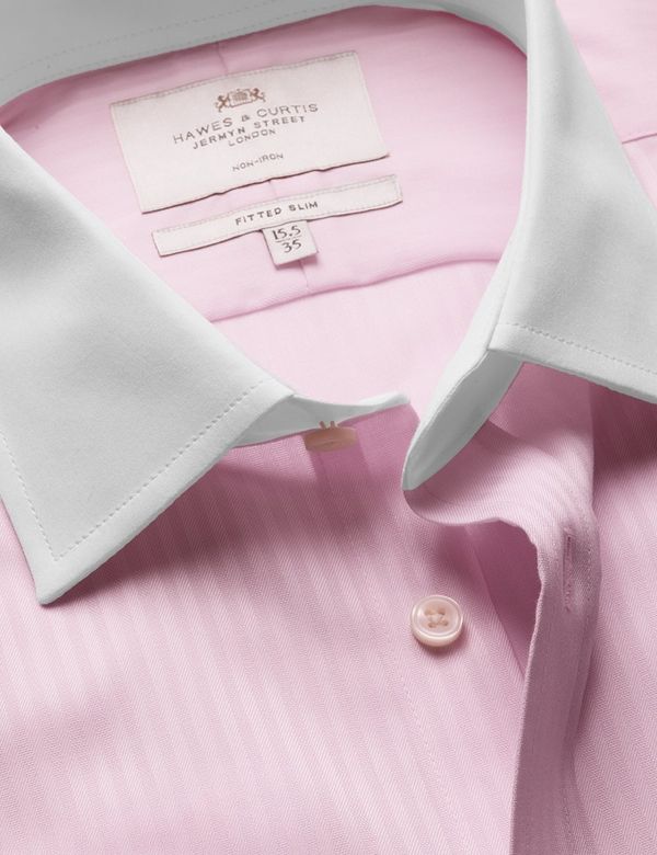 Fitted Slim Pink Herringbone Stripe Non-Iron Shirt - Contrast Detail