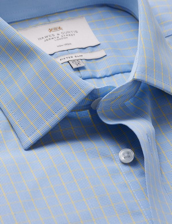 Men's Non-Iron Blue & Yellow Check Fitted Slim Shirt - Contrast Detail |  Hawes & Curtis