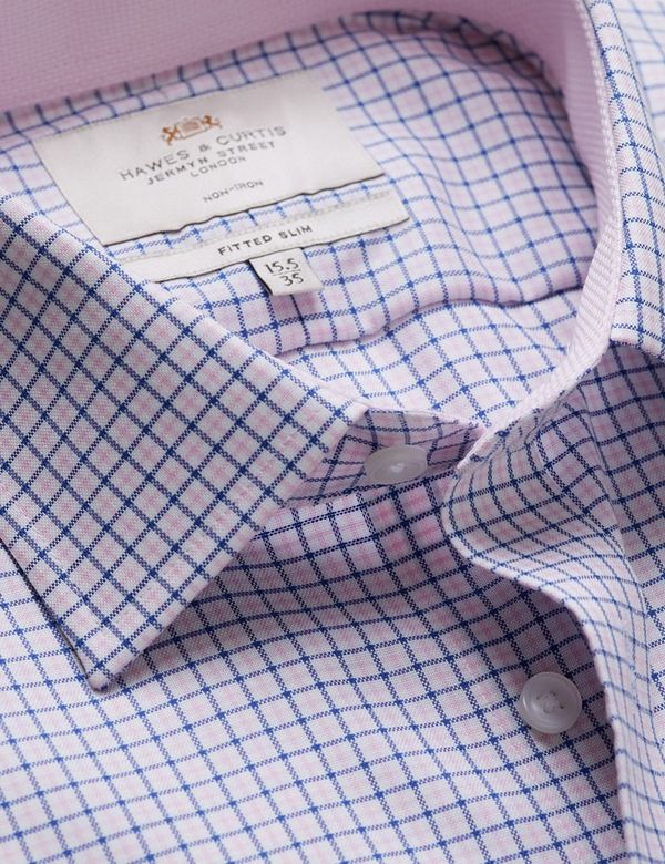 Fitted Slim Pink & Navy Check Non-Iron Shirt - Contrast Detail