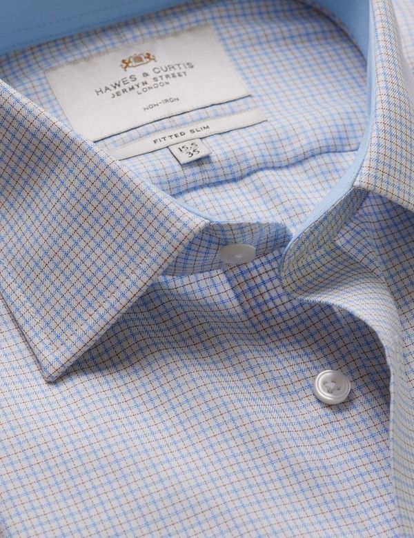 Fitted Slim Blue & Yellow Check Non-Iron Shirt - Contrast Detail
