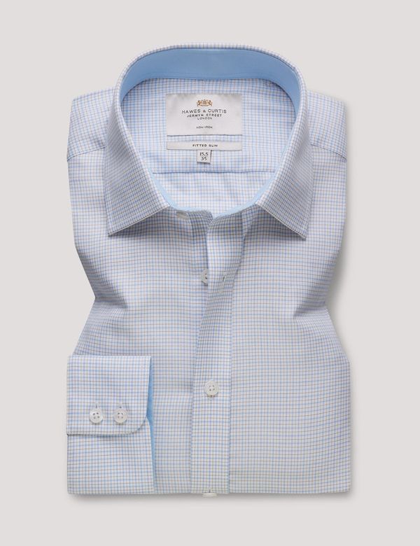 Men's Non-Iron Blue & Yellow Multi Check Fitted Slim Fit Shirt - Contrast  Detail | Hawes & Curtis