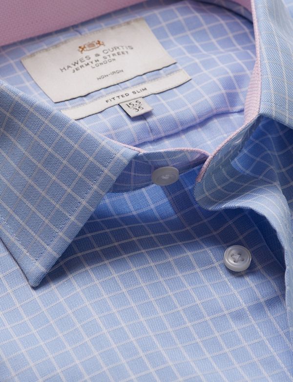 Fitted Slim Blue & White Grid Check Non-Iron Shirt - Contrast Detail
