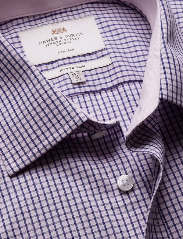 Fitted Slim Navy & Pink Check Non-Iron Shirt - Contrast Detail