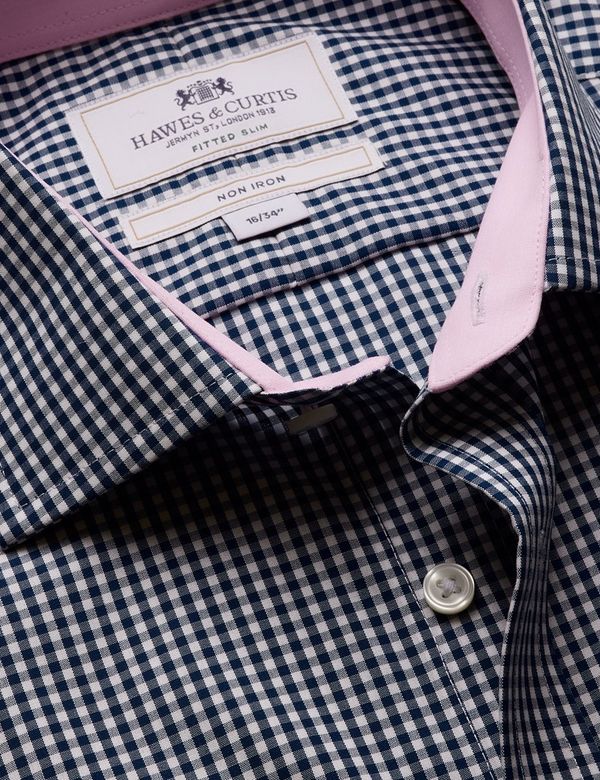 Fitted Slim Navy & White Gingham Check Non-Iron Shirt - Contrast Detail