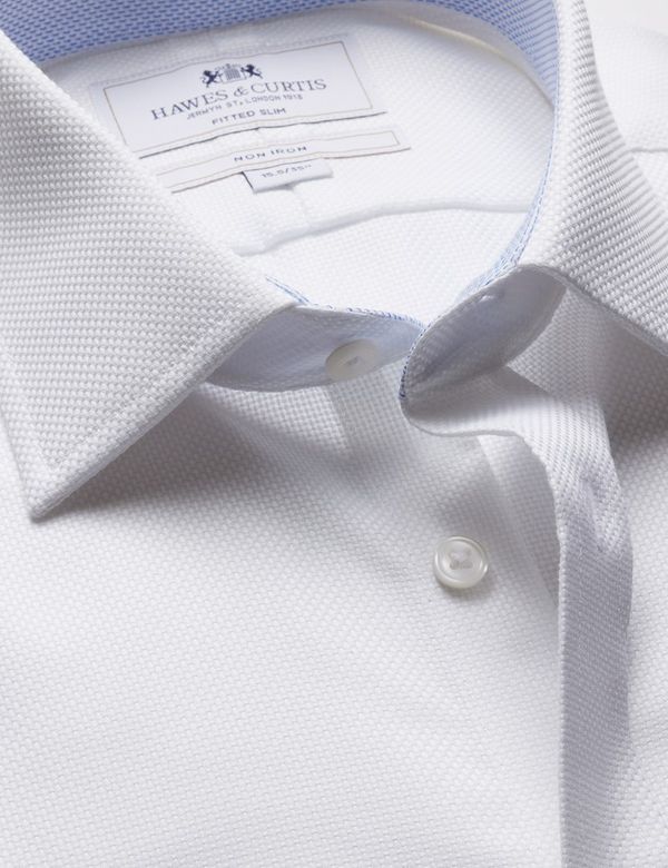 Fitted Slim White Textured Weave Non-Iron Shirt - Contrast Detail
