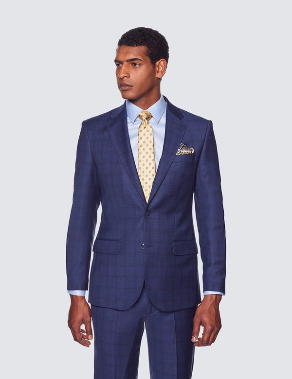 Men's Navy Windowpane Check Tailored Fit Suit Jacket 1913
