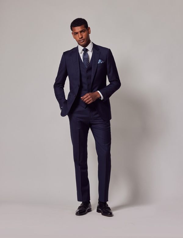 100 Wool Men s Navy Tonal Check 3 Piece Slim Fit Suit Hawes Curtis
