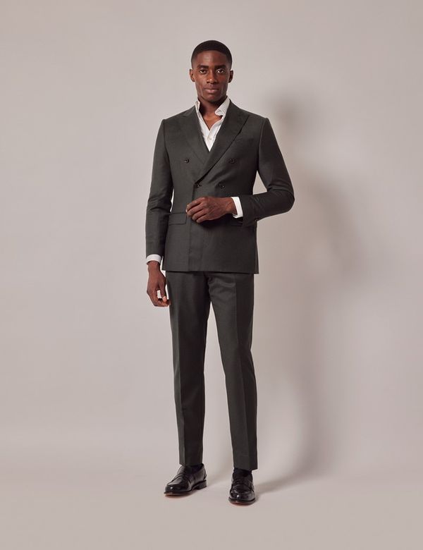 Men s Green Italian Flannel Wool Double Breasted Slim Fit Suit 1913 Collection Hawes Curtis