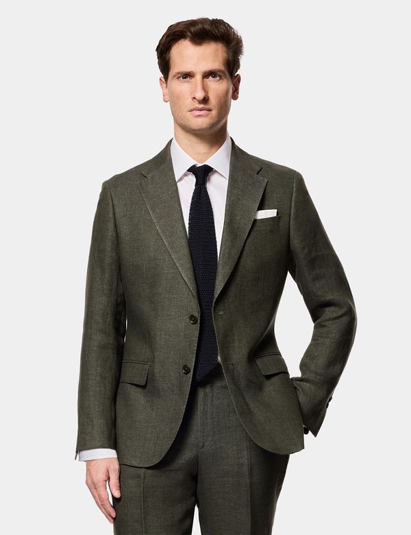 dark green dress jacket Hawes & Curtis Tailored Fit Dark Green Hopsack 1913 Linen Suit Jacket | Plain