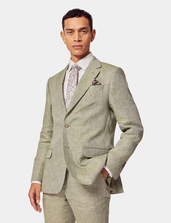 Men's Green Semi Plain Linen Tailored Fit Italian Suit Jacket