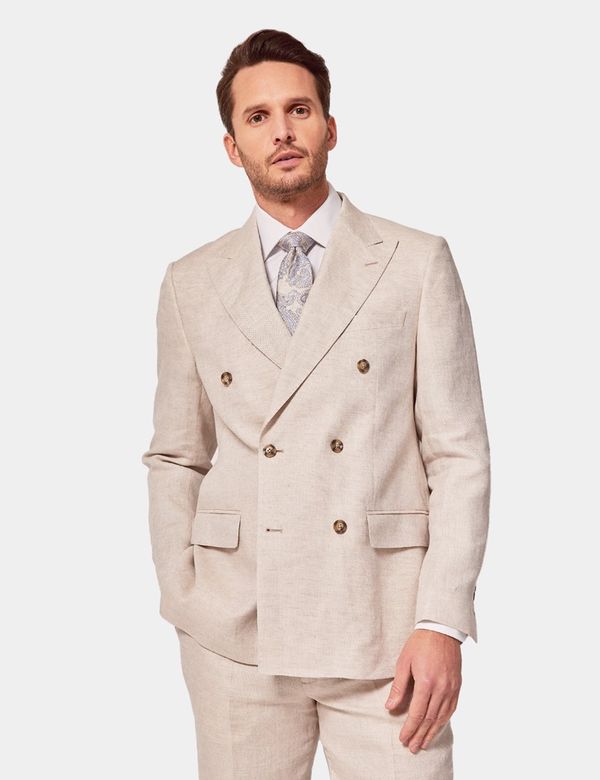 Men's Cream Double Breasted Linen Tailored Suit Jacket