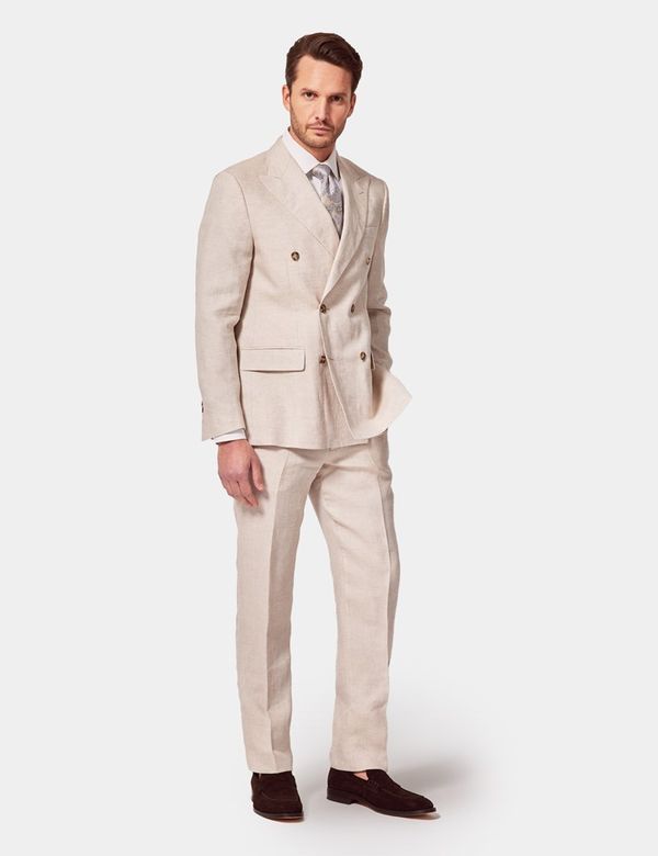 Cream Double Breasted 2 Piece Linen Tailored Italian Suit