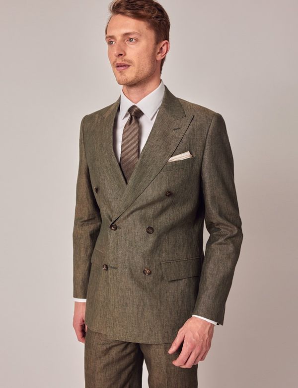 Dark Green Linen Tailored Double Breasted Italian Suit