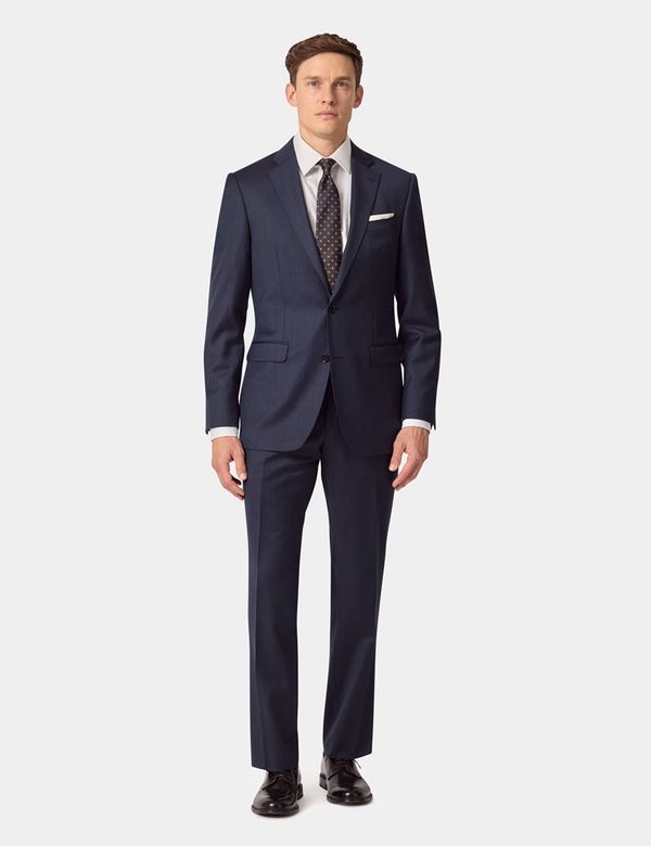 1 Button Peak Lapel Dark Navy Sharkskin Wool Blend Flat Front Fitted Suit main image 1