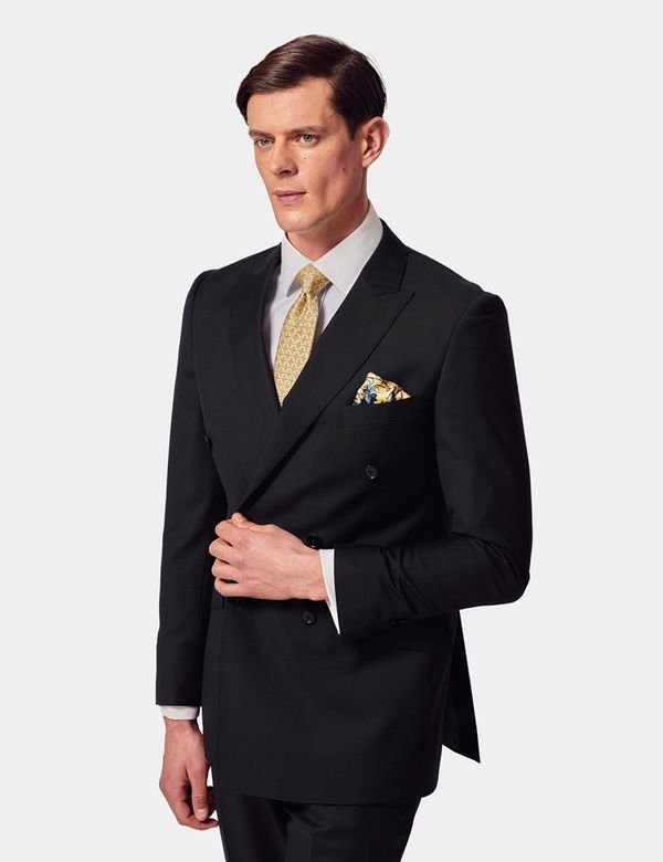 Black Twill Twill Wool Double Breasted Slim Fit Suit Jacket