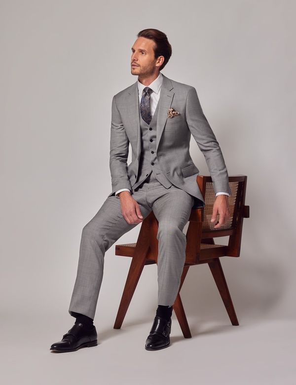 Light Grey Twill 3 Piece Slim Suit