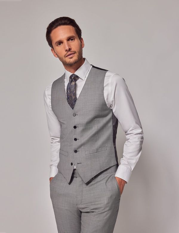 Men's Light Grey Twill 3 Piece Slim Fit Suit - Super 120s Men's Light Grey Twill 3 Piece Slim Fit Suit - Super 120s
