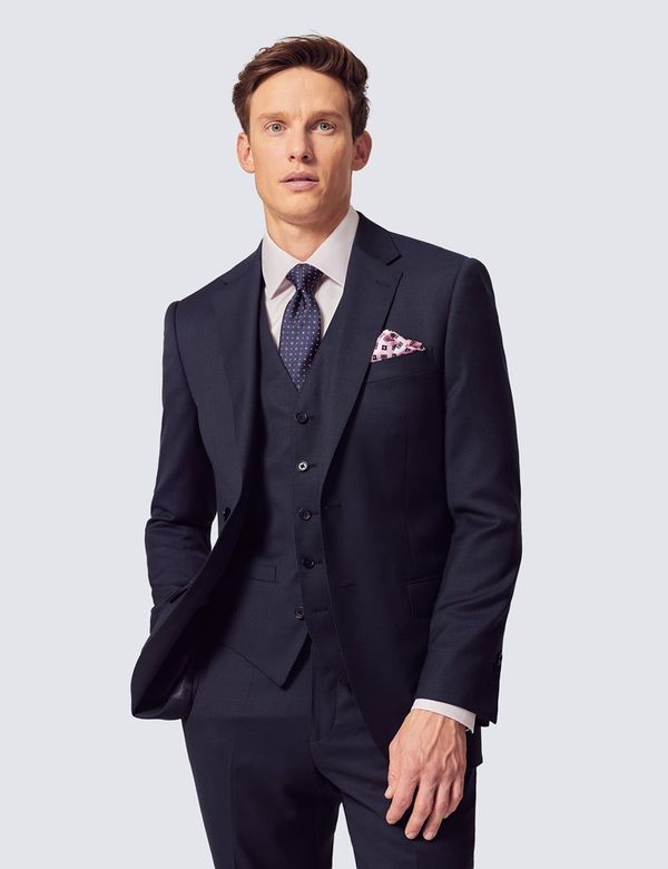 Men's Navy Hopsack Plain 3 Piece Slim Fit Suit | Hawes & Curtis