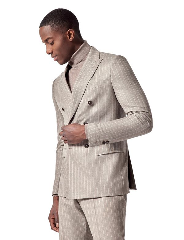Men's Taupe Stripe Flannel Double Breasted Italian Slim Fit Suit